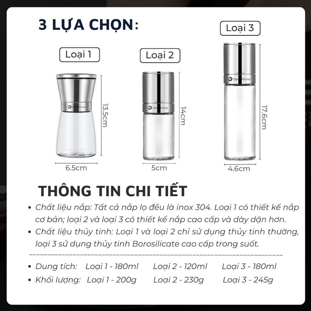 Lọ xay tiêu cầm tay thủy tinh và inox 304 cao cấp DandiHome tiện lợi