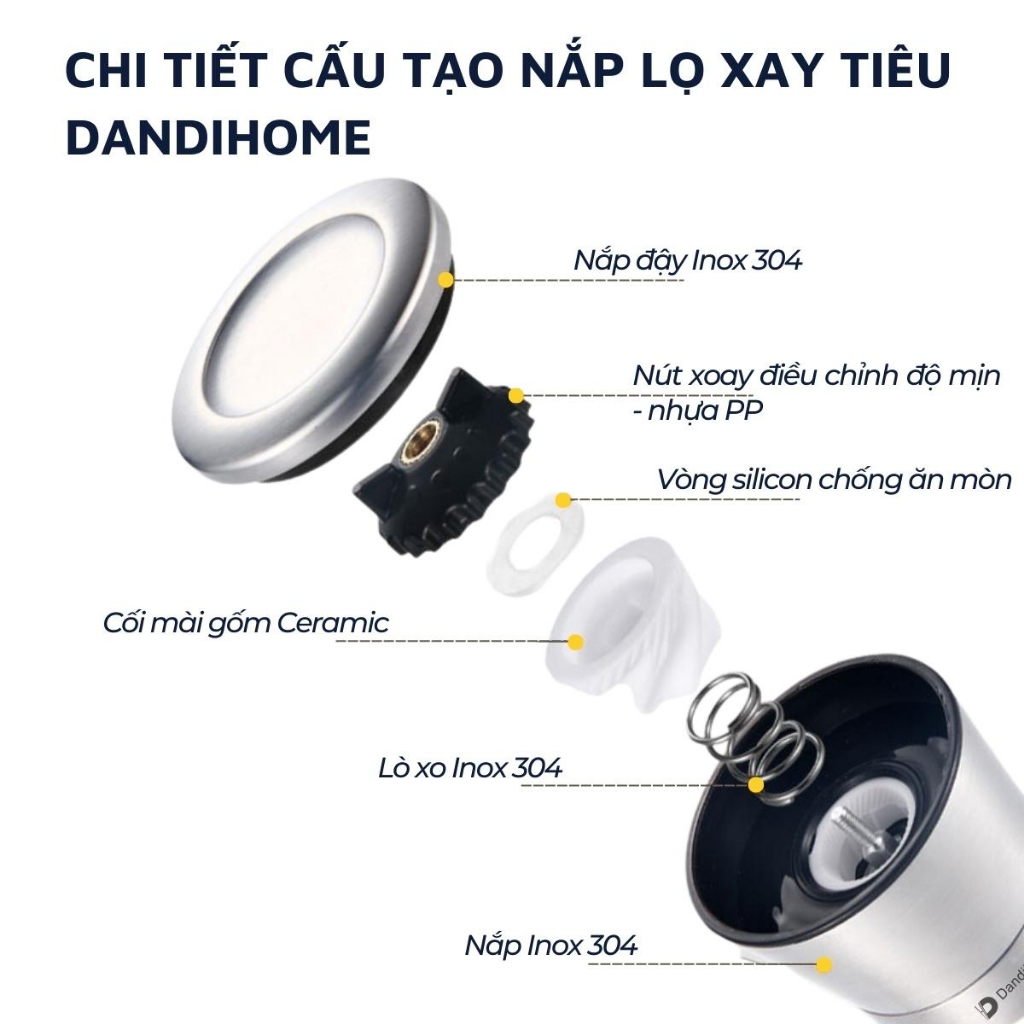 Lọ xay tiêu cầm tay thủy tinh và inox 304 cao cấp DandiHome tiện lợi