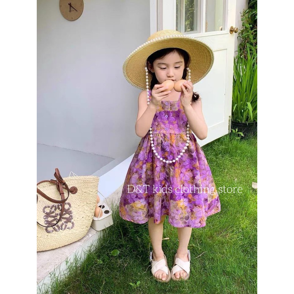 Váy bé gái công chúa 2 dây họa tiết hoa 3D sắc nét cho bé từ 8-25kg