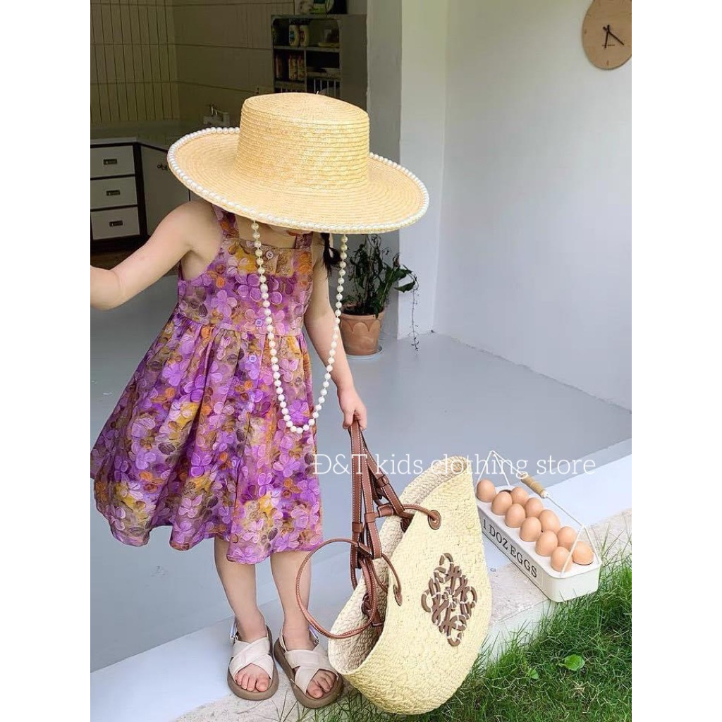 Váy bé gái công chúa 2 dây họa tiết hoa 3D sắc nét cho bé từ 8-25kg