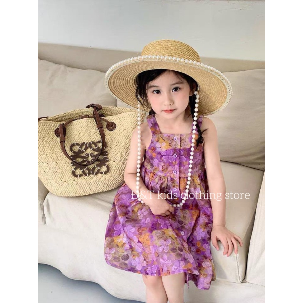 Váy bé gái công chúa 2 dây họa tiết hoa 3D sắc nét cho bé từ 8-25kg