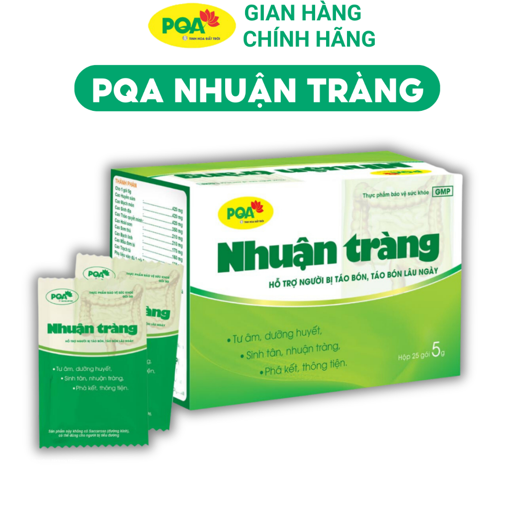 PQA Nhuận Tràng giúp tư âm, dưỡng huyết, sinh tân, nhuận tràng, phá kết, thông tiện. Hộp 25 gói.