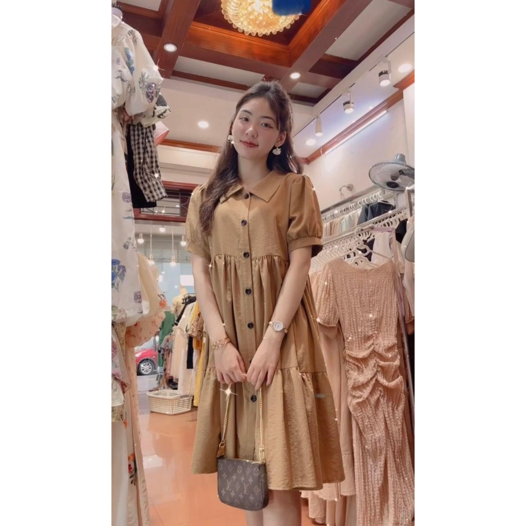 Siêu Hot- Váy Bầu Thiết kế babydoll váy nâu phối cổ sơ mi , mặc đi làm công sở, đi chơi,quà tặng đều được nha
