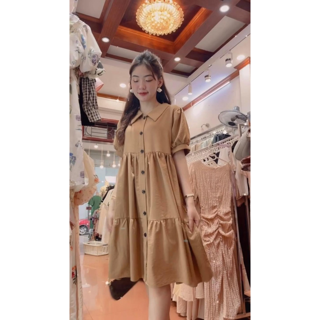 Siêu Hot- Váy Bầu Thiết kế babydoll váy nâu phối cổ sơ mi , mặc đi làm công sở, đi chơi,quà tặng đều được nha