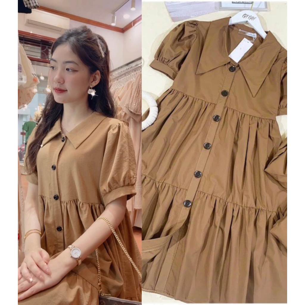 Siêu Hot- Váy Bầu Thiết kế babydoll váy nâu phối cổ sơ mi , mặc đi làm công sở, đi chơi,quà tặng đều được nha
