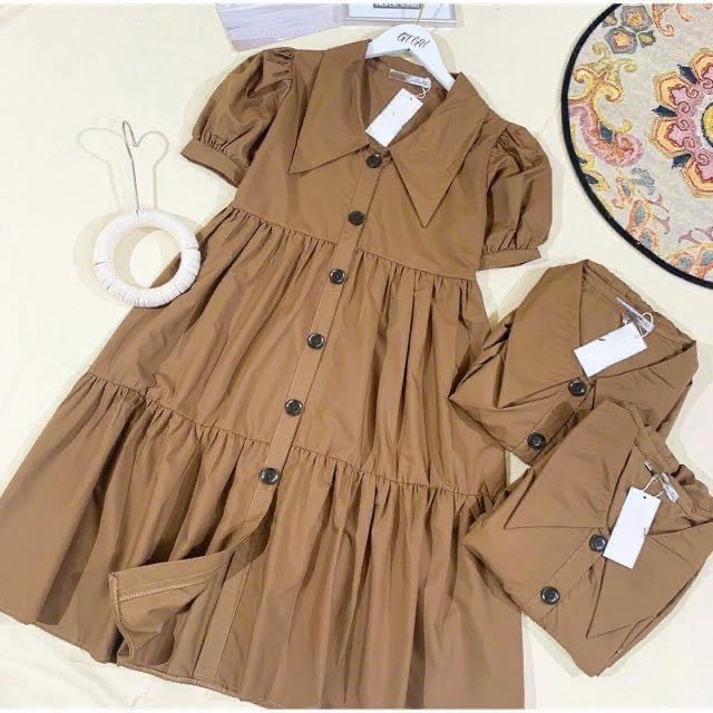 Siêu Hot- Váy Bầu Thiết kế babydoll váy nâu phối cổ sơ mi , mặc đi làm công sở, đi chơi,quà tặng đều được nha