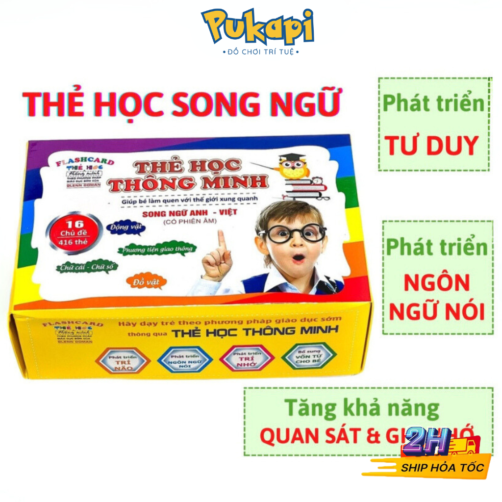 Bộ Thẻ Học Thông Minh 16 Chủ Đề 416 Song Ngữ Anh-Việt Loại Cứng To Đồ Chơi Thông Minh Cho Bé PUKAPI