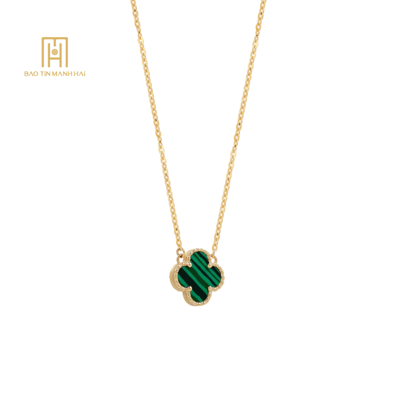 Dây liền mặt vàng 14K hình cỏ 4 lá, 3 màu đá đỏ, đen, xanh lá DLMHQ06 Bảo Tín Mạnh Hải