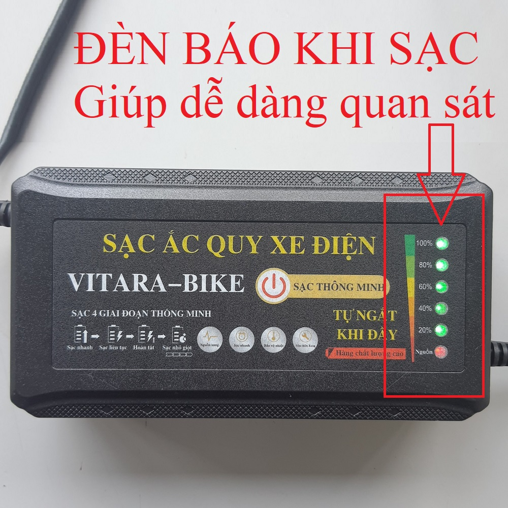 Sạc xe đạp điện 60V-20Ah Vitara-Bike chân đặc thông mình tự ngắt khi đầy có quạt tản nhiệt đèn báo khi sạc