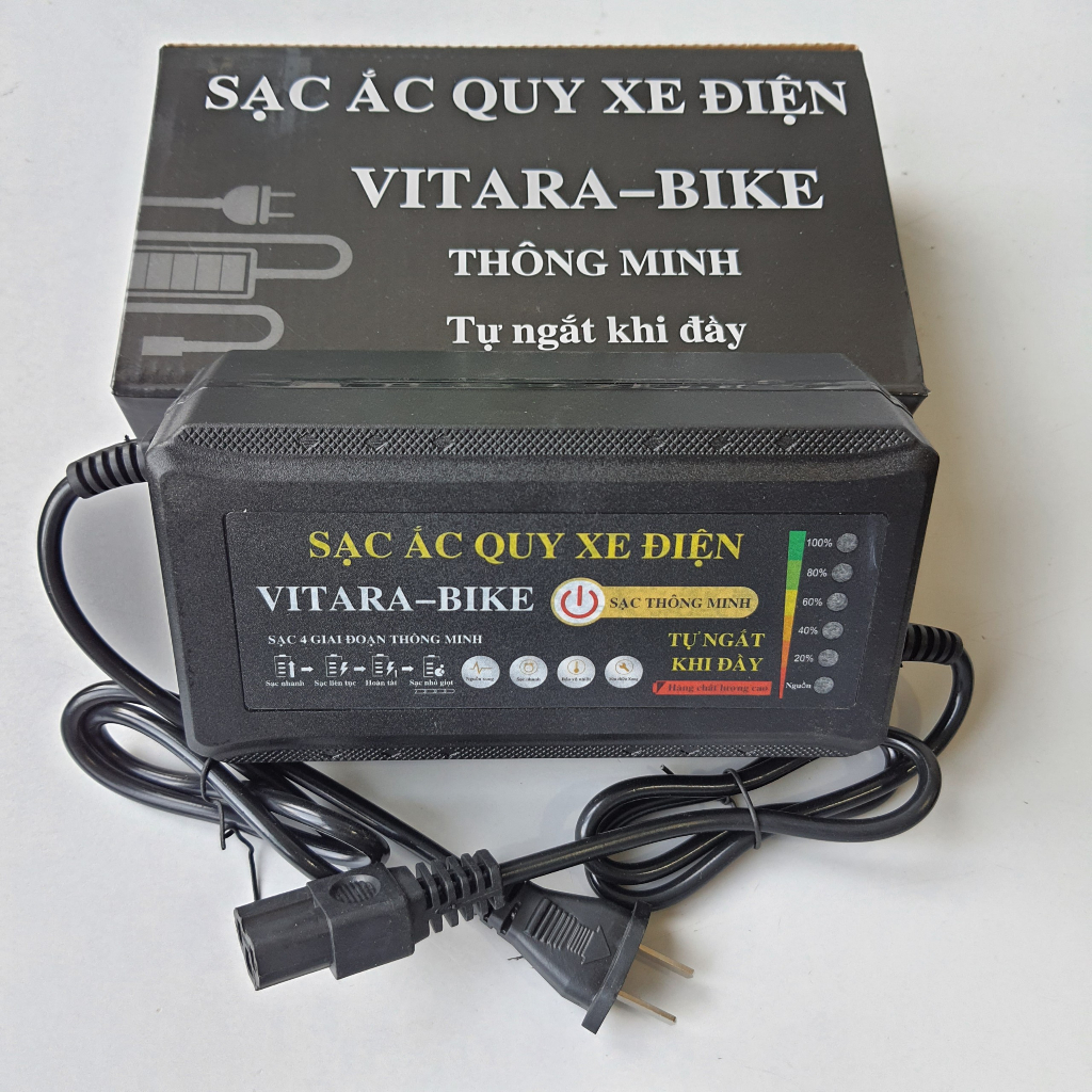Sạc xe đạp điện 60V-20Ah Vitara-Bike chân đặc thông mình tự ngắt khi đầy có quạt tản nhiệt đèn báo khi sạc