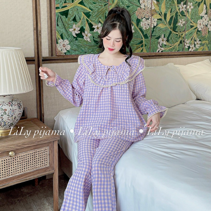 Bộ Mặc Nhà Pijama Tiểu Thư Kẻ Caro Nhỏ Ren Bèo Áo Dài Quần Dài Siêu Sang Chảnh Thời Trang Thu Đông Cho Nữ