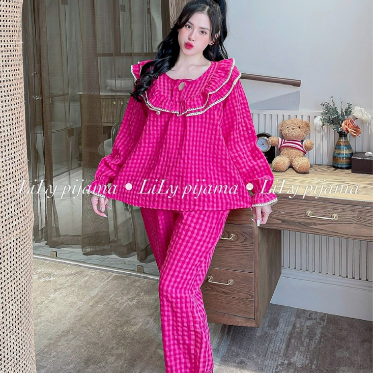 Bộ Mặc Nhà Pijama Tiểu Thư Kẻ Caro Nhỏ Ren Bèo Áo Dài Quần Dài Siêu Sang Chảnh Thời Trang Thu Đông Cho Nữ
