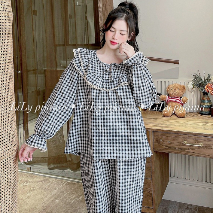 Bộ Mặc Nhà Pijama Tiểu Thư Kẻ Caro Nhỏ Ren Bèo Áo Dài Quần Dài Siêu Sang Chảnh Thời Trang Thu Đông Cho Nữ
