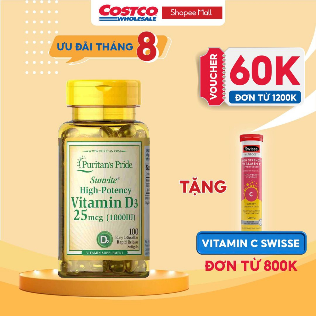 Viên uống Puritan's Pride Vitamin D3 1000 IU 100 viên tăng cường hấp thụ canxi của Mỹ