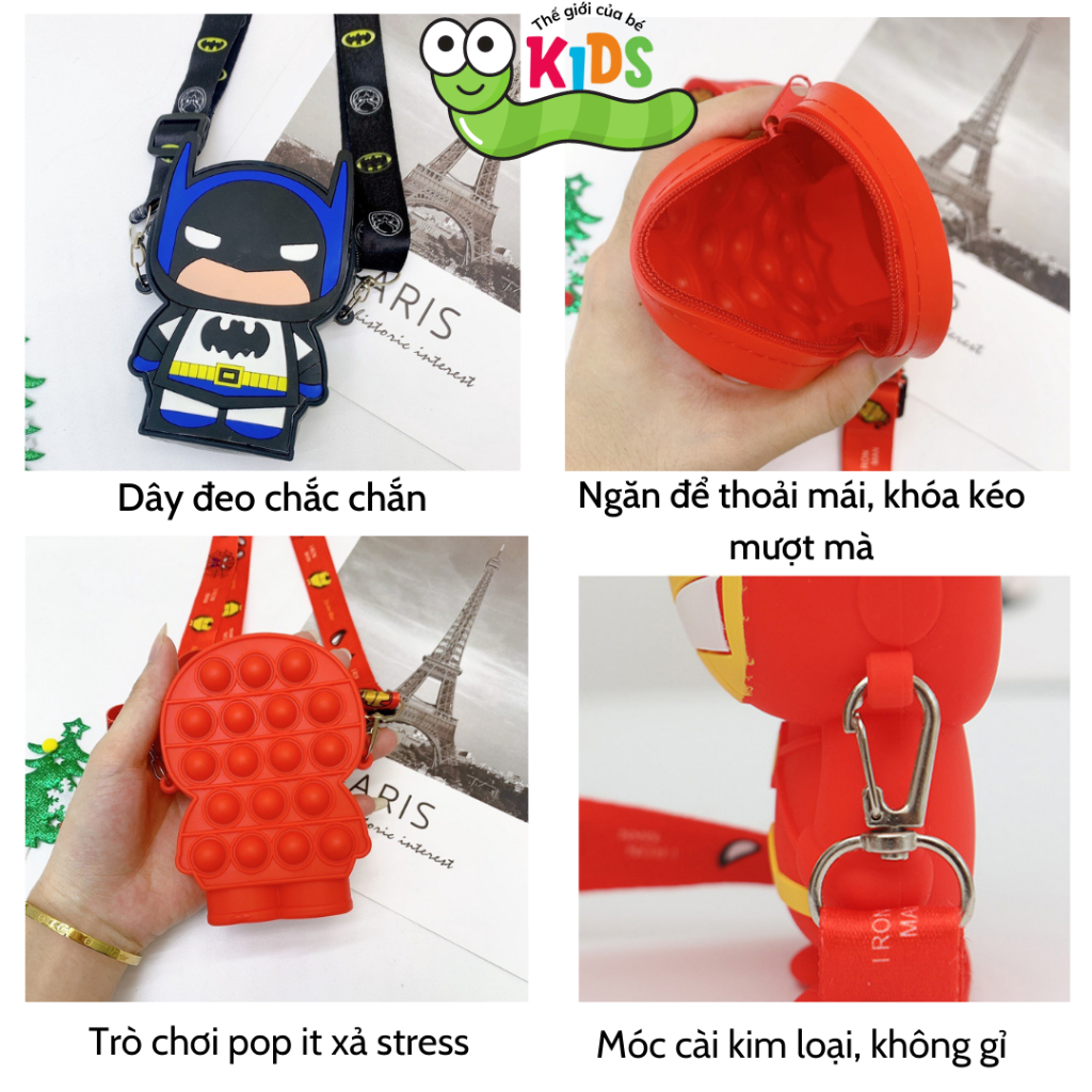 Túi POP IT silicon trẻ em, túi đeo chéo cho bé trai hình người nhện, sắt, siêu nhân anh hùng - TÚI POP IT SIÊU NHÂN