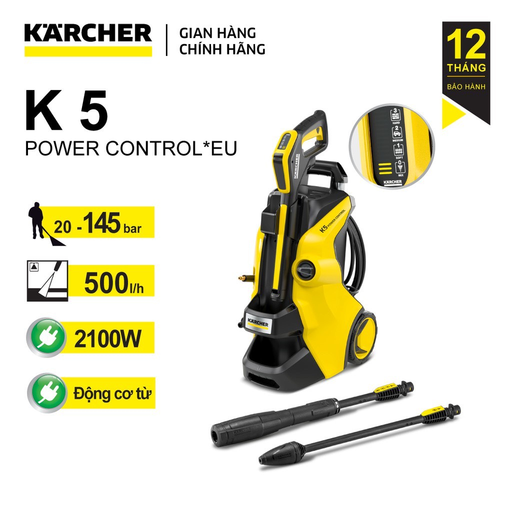 (Sản xuất Ý) Máy xịt rửa xe cao áp Karcher K5 power control động cơ từ 2100w, áp lực 20-145 bar, lưu lượng nước 500l/h