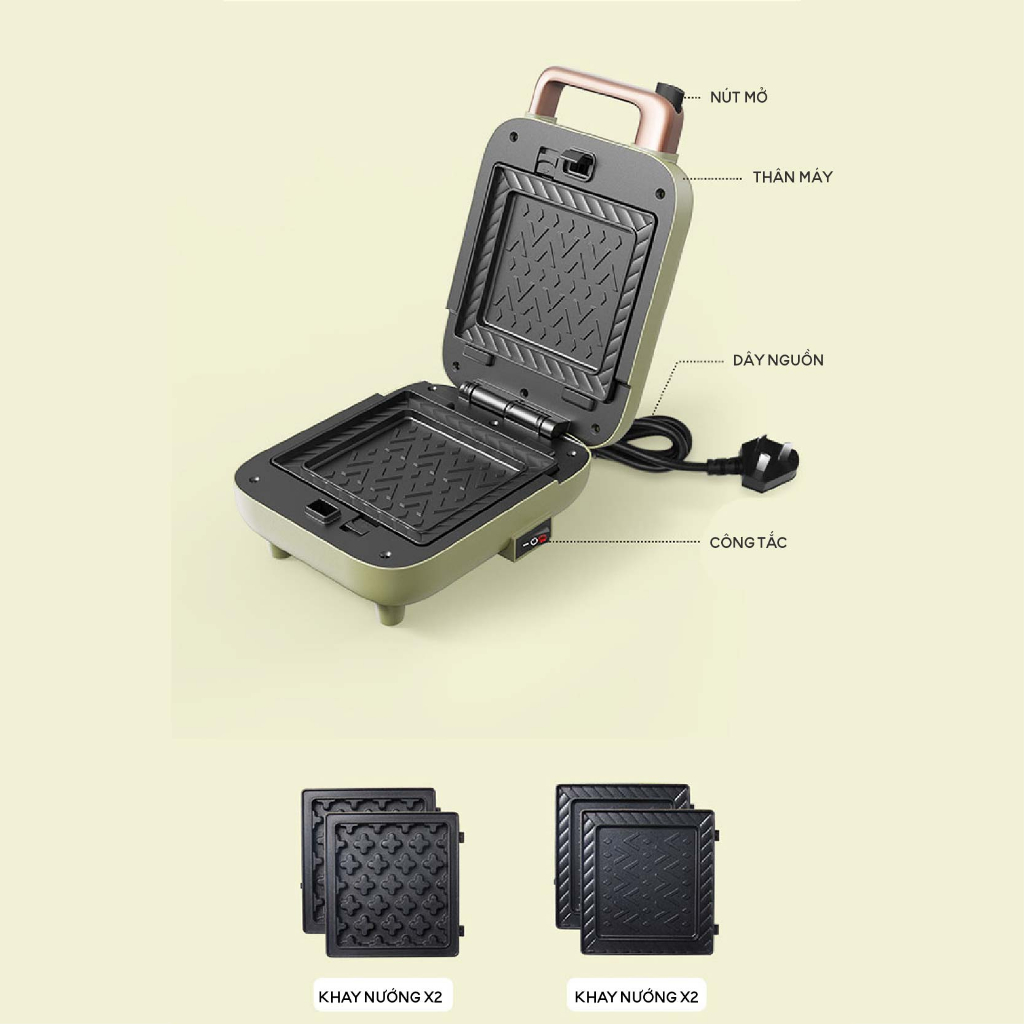 Máy Kẹp Nướng Bánh Mì, Sandwich Đa Năng Bear DBC C06M1, 600W, Làm Bánh Waffle, Hình DángThú, Hàng Chính Hãng, BH 18th