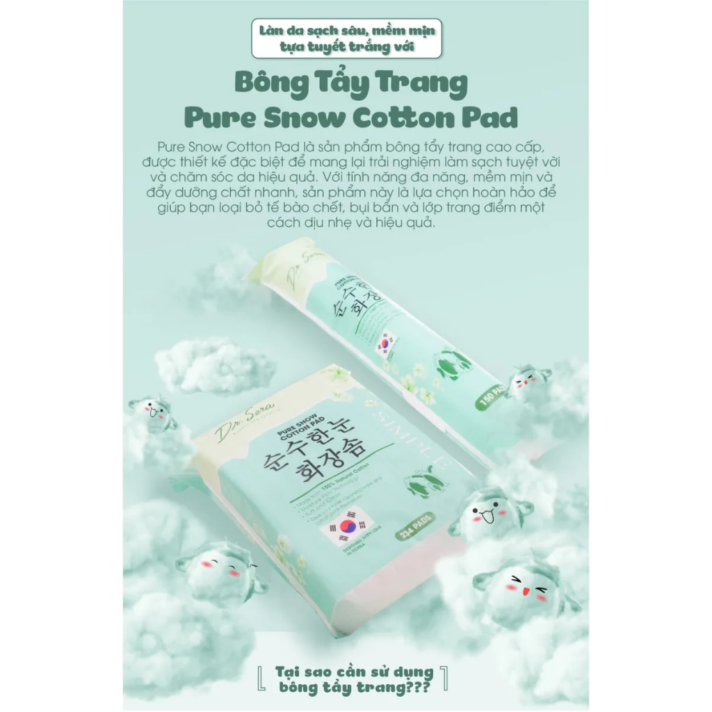 [MUA 1 TẶNG 2 MASK ANNABELLA] Bông Tẩy Trang Vải Cotton Mềm Mịn Dr.Sera Pure Snow Cotton Pad 150 Miếng/234 Miếng