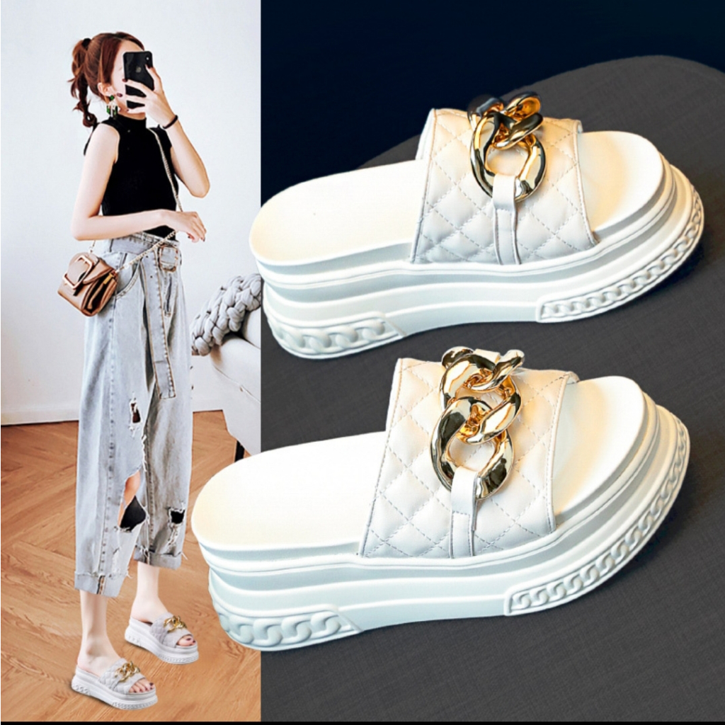 Dép nâng chiều cao, Dép bánh mì đế xuồng PU nhẹ êm cao 7cm siêu đẹp, quai phối xích cao cấp