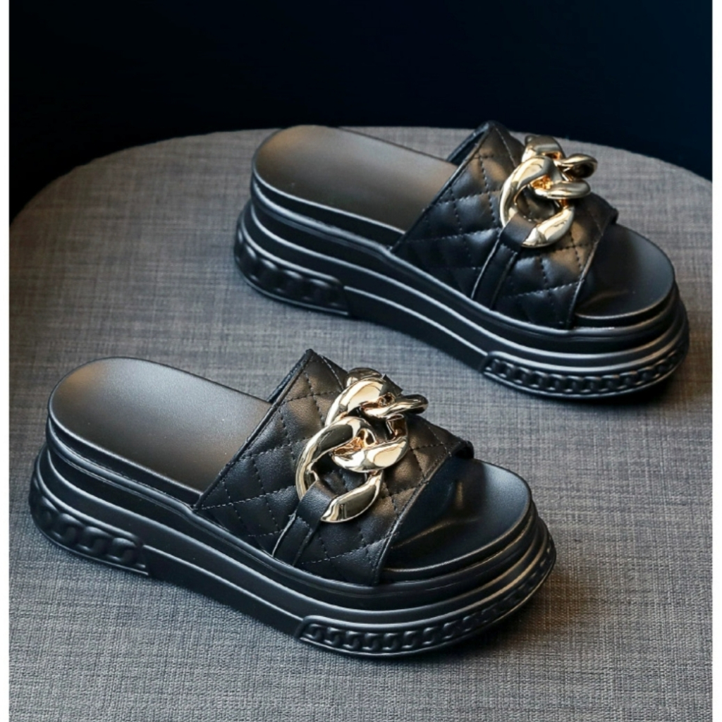 Dép nâng chiều cao, Dép bánh mì đế xuồng PU nhẹ êm cao 7cm siêu đẹp, quai phối xích cao cấp