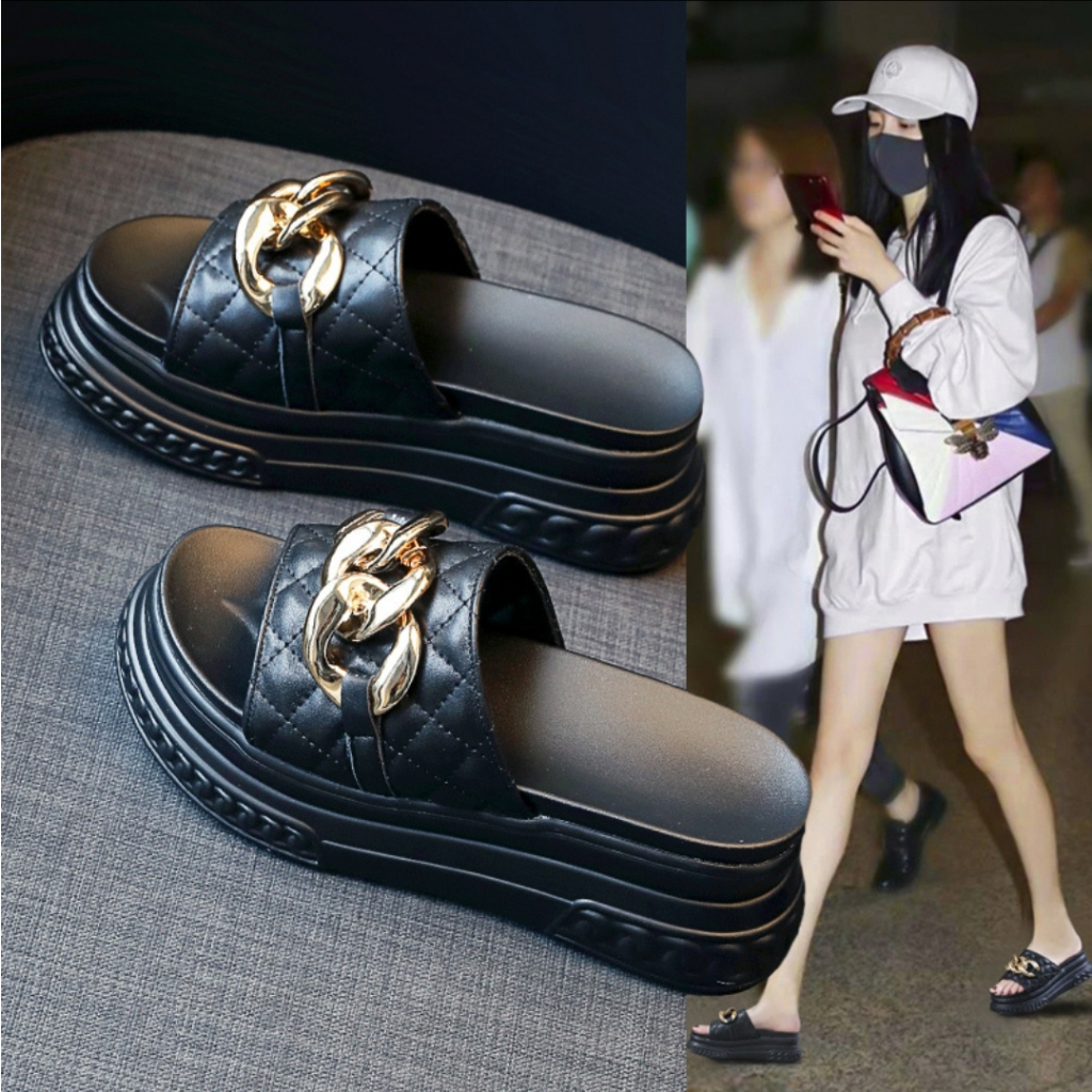 Dép nâng chiều cao, Dép bánh mì đế xuồng PU nhẹ êm cao 7cm siêu đẹp, quai phối xích cao cấp