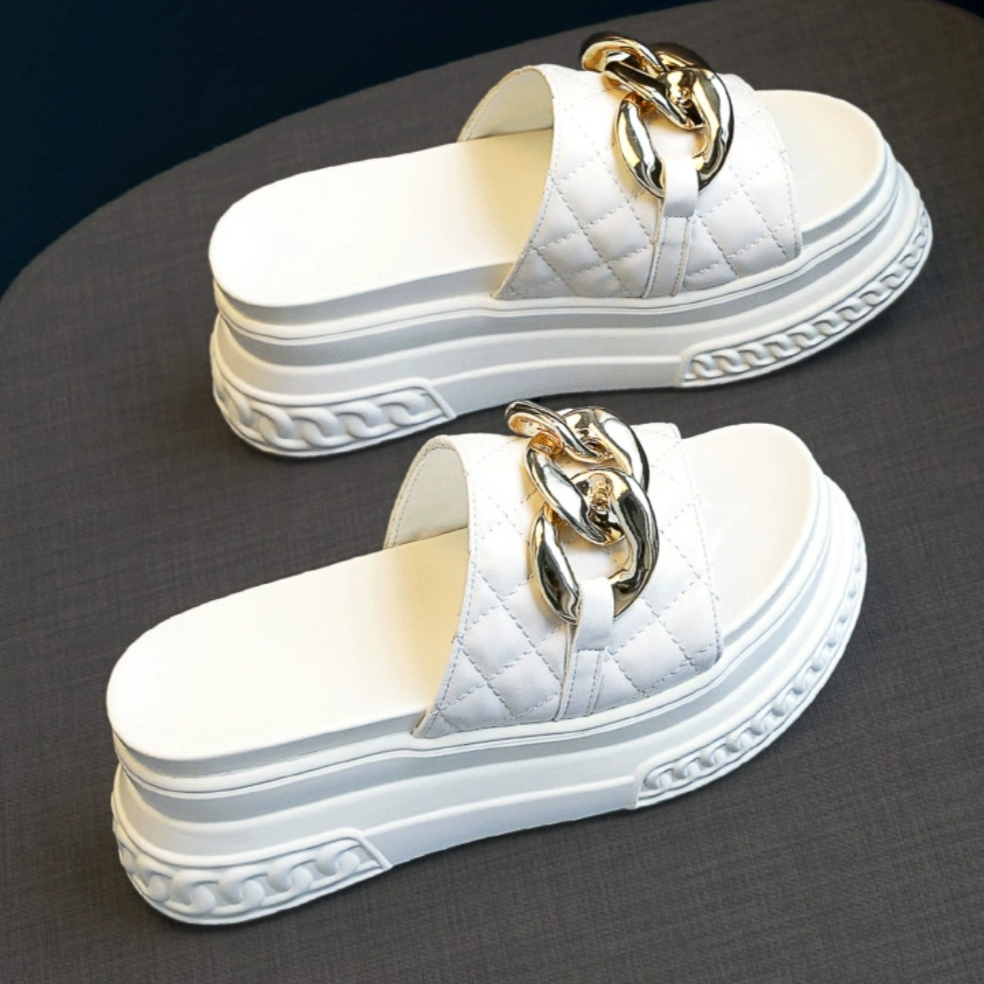 Dép nâng chiều cao, Dép bánh mì đế xuồng PU nhẹ êm cao 7cm siêu đẹp, quai phối xích cao cấp