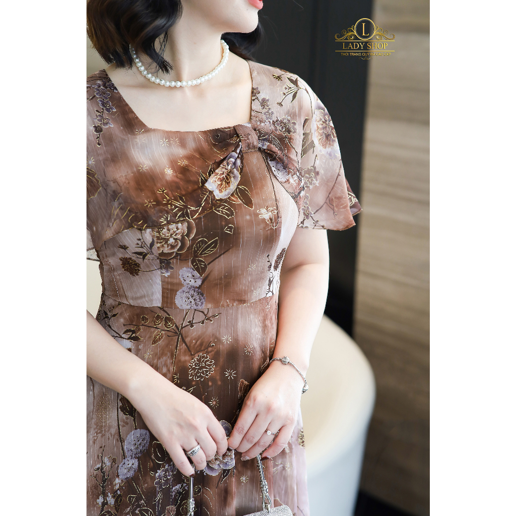 Đầm Tơ Xước Cổ U tay cánh tiên Ladyshop thời trang trung niên cao cấp T200