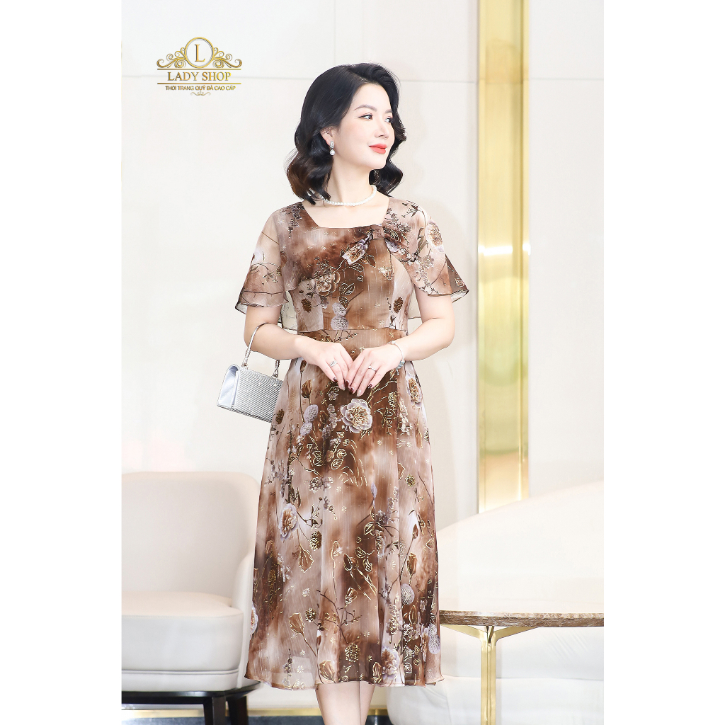 Đầm Tơ Xước Cổ U tay cánh tiên Ladyshop thời trang trung niên cao cấp T200