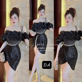 Đầm body kim sa trễ vai bèo phối dây đá Datasco