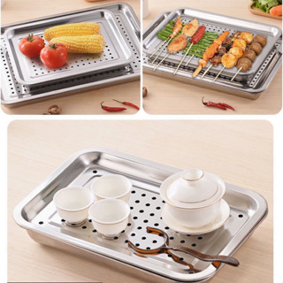 Khay inox úp ly có lỗ - mâm trà chữ nhật nhiều cỡ