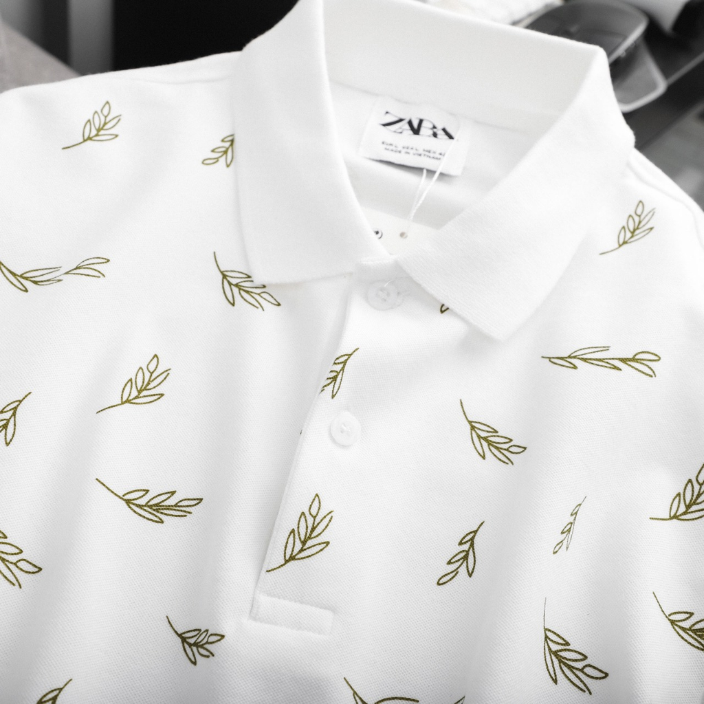 Áo Polo -Z--A-----A chất cá sấu ngoại nhập cotton 100% 4 chiều in họa tiết lá cây nhỏ tinh xảo