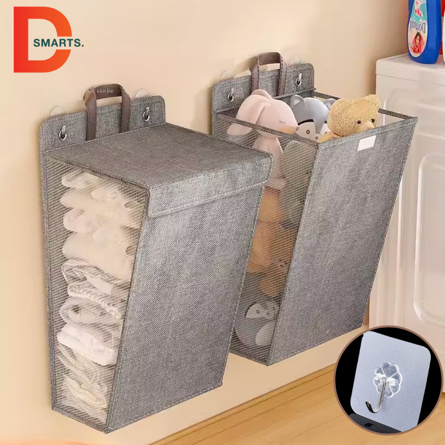Giỏ đựng quần áo nhà tắm gấp gọn treo tường có nắp tiện lợi, Giỏ đựng quần áo bẩn vải Canvas chống nước tặng miếng dán