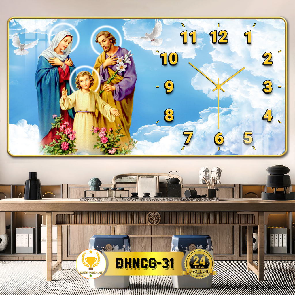 Đồng Hồ Tranh Công Giáo Treo Tường Gia Đình Thánh Gia CHÂN THIỆN MỸ, Decor Trang Trí Phòng Khách, Quà Tân Gia CĐHNCG-05