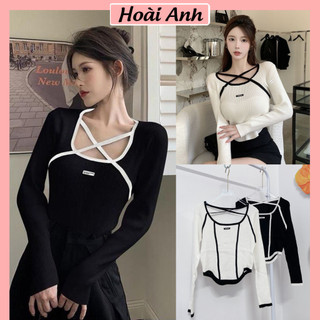 Áo len mỏng dài tay phối viền dây chéo ngực áo len quảng châu ôm body freesize