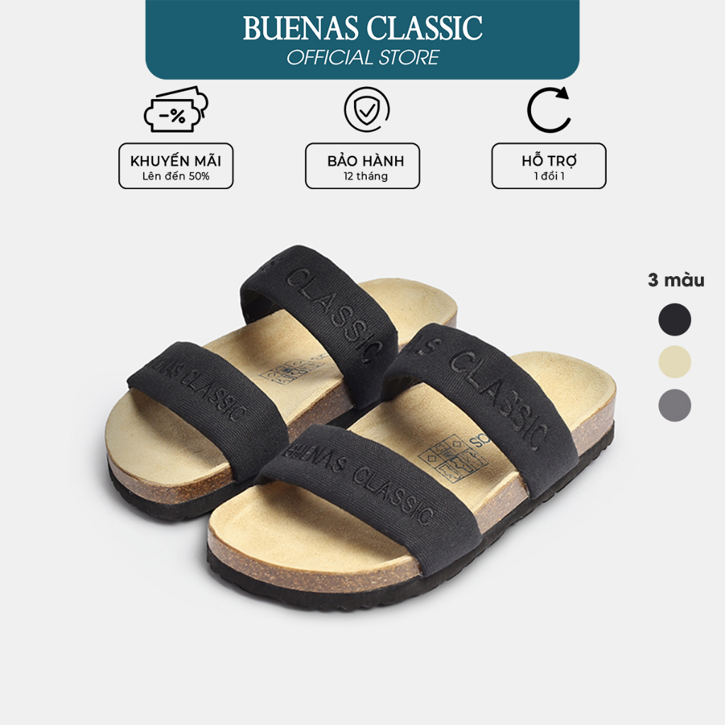 Dép đế trấu nam nữ quai ngang vải khaki, thêu chữ Buenas Classic - BK07