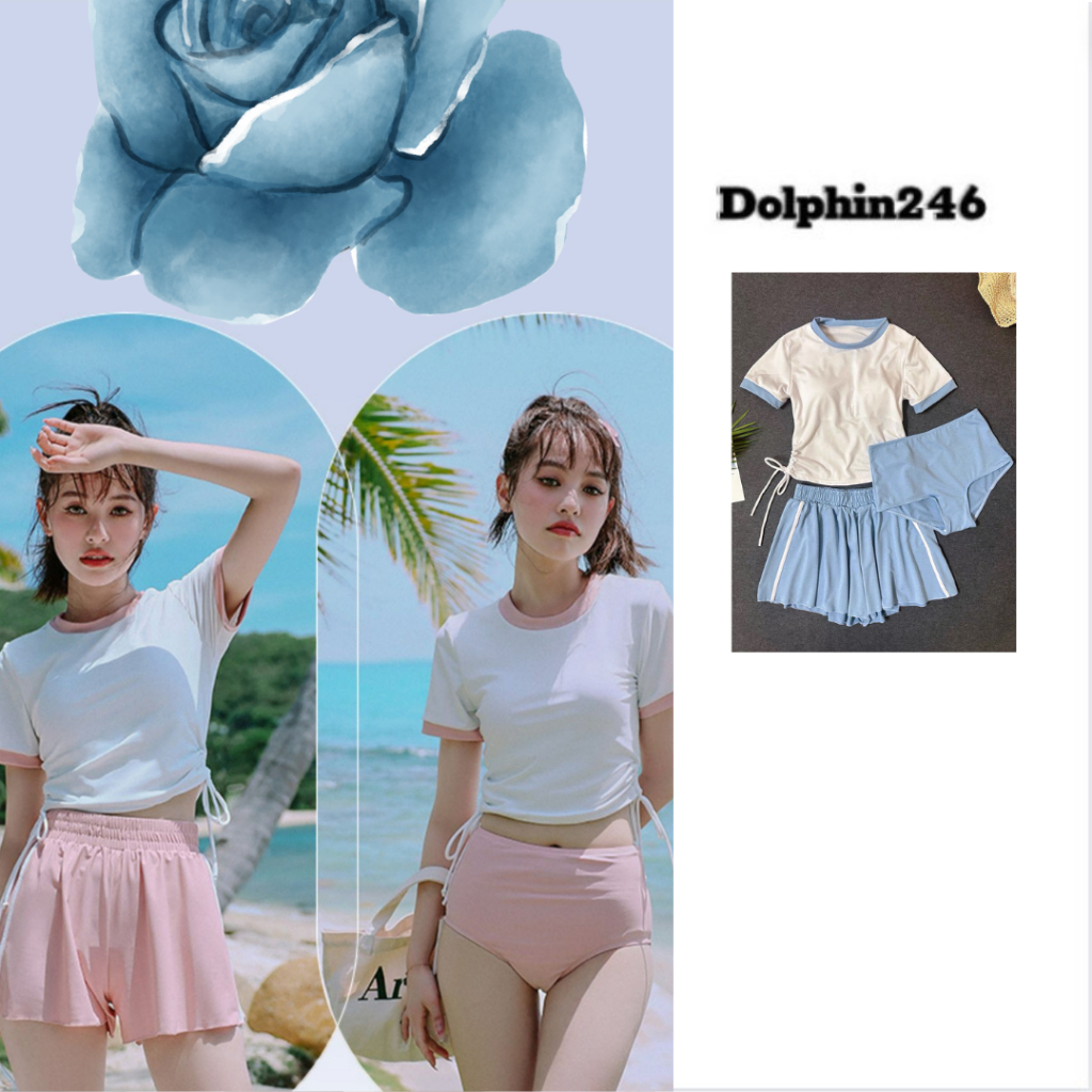 Bikini đi biển cho nữ set 3 chi tiết đồ bơi áo ngắn tay rút dây eo kèm quần tam giác quần cạp cao thể thao 6834 B-20
