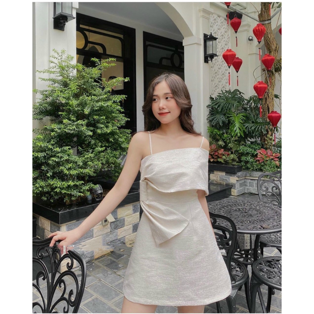 ĐẦM HAI DÂY LỆCH VAI NƠ EO (KÈM VIDEO HÌNH THẬT)