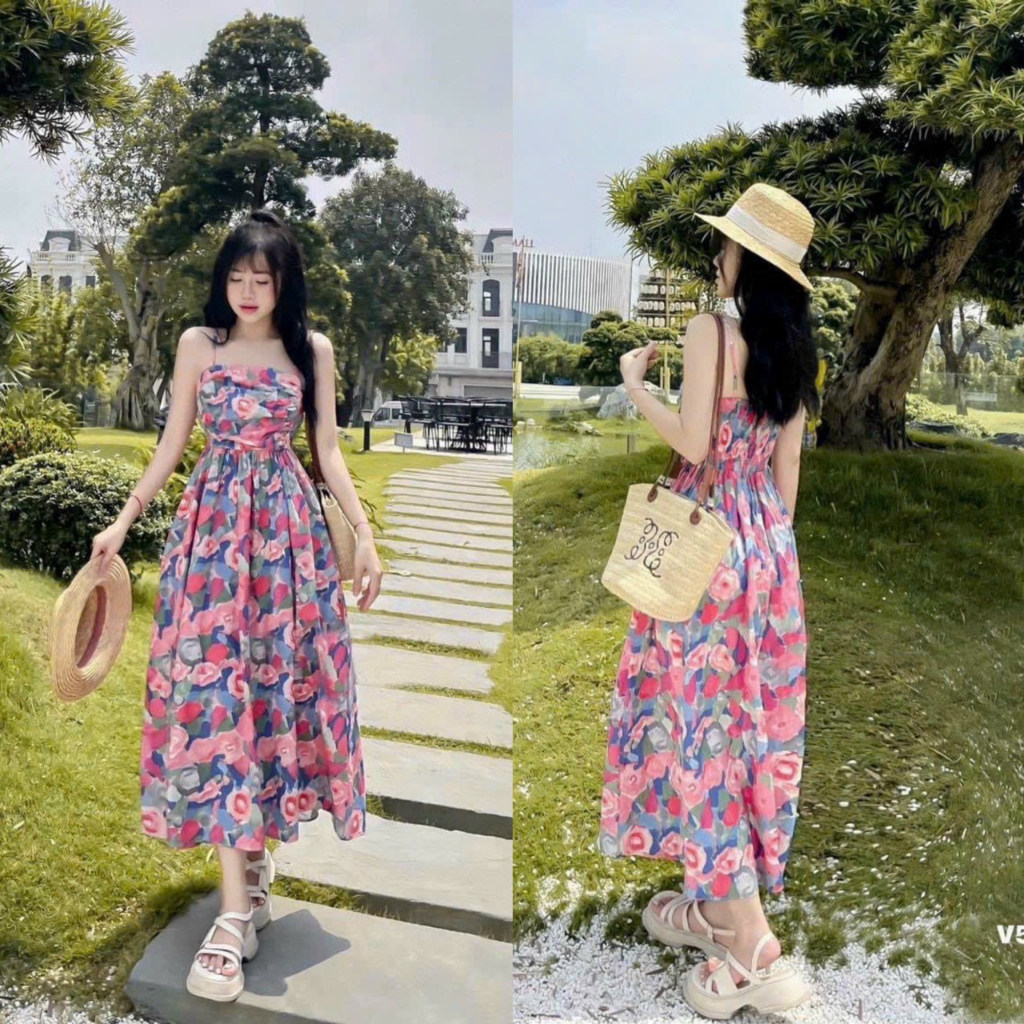 Đầm váy nữ maxi ,váy hai dây bo chun dáng xòe phối nền hoa xinh xắn thanh lịch cho nữ đi chơi,đi biển,đi dự tiệc