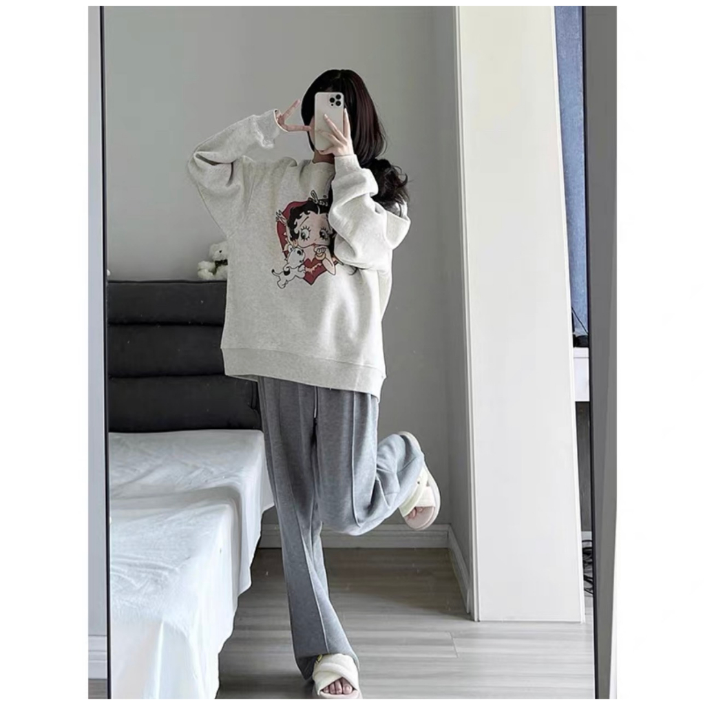 Áo sweater trái tim Pufouy form rộng peonyb nữ - Nỉ dài tay kiểu dáng bánh bèo hotgirl xám phong cách đường phố đẹp