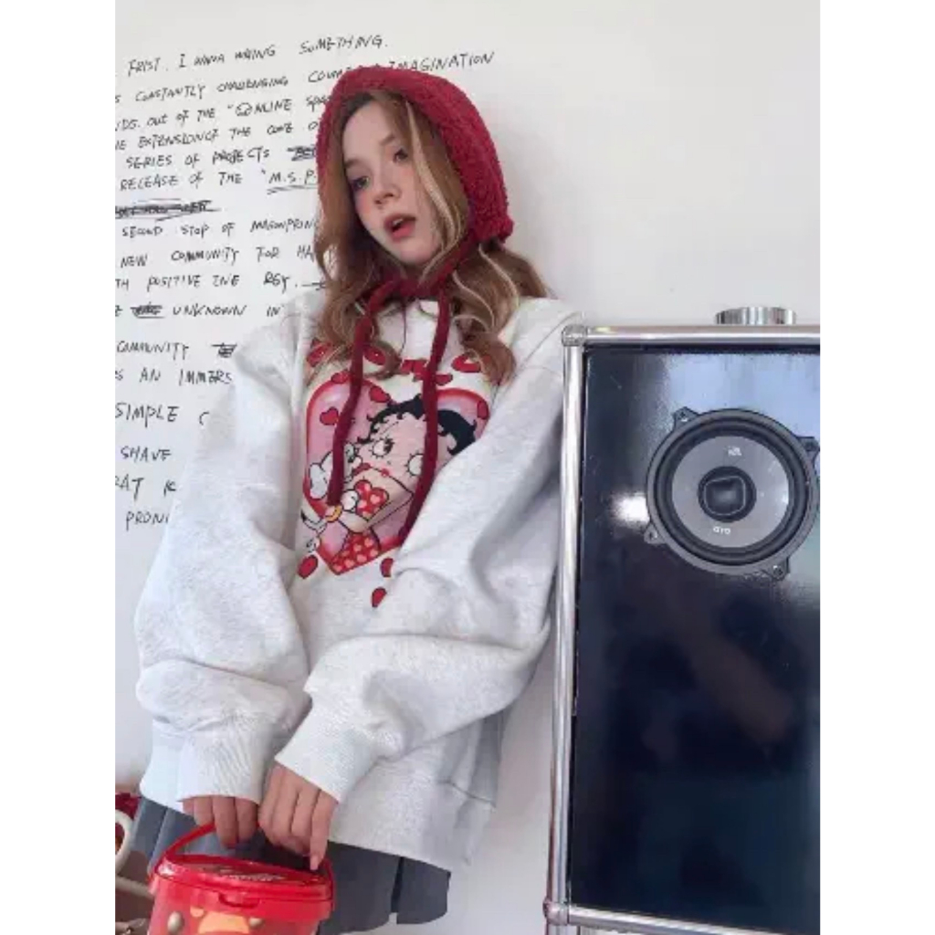 Áo sweater trái tim Pufouy form rộng peonyb nữ - Nỉ dài tay kiểu dáng bánh bèo hotgirl xám phong cách đường phố đẹp