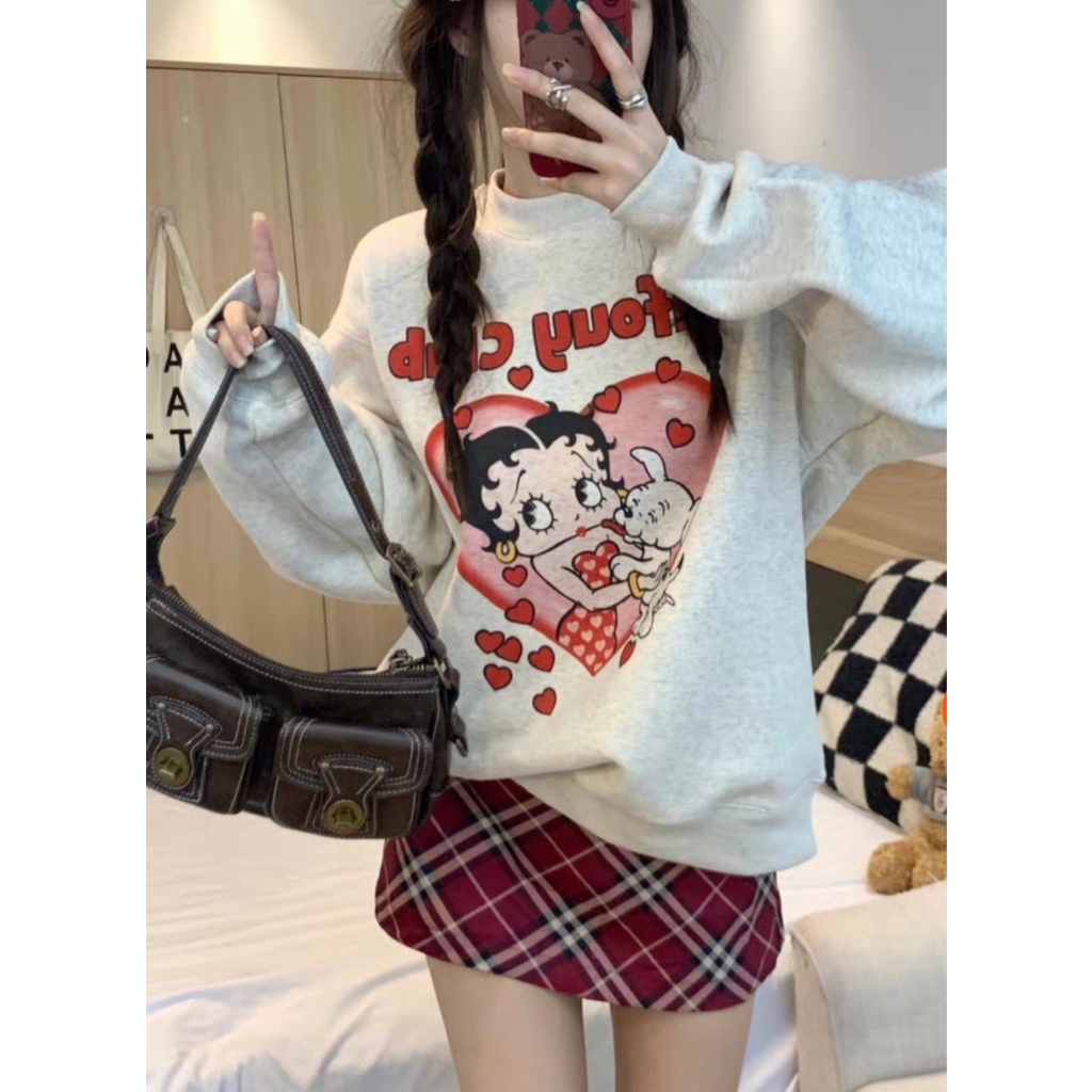 Áo sweater trái tim Pufouy form rộng peonyb nữ - Nỉ dài tay kiểu dáng bánh bèo hotgirl xám phong cách đường phố đẹp