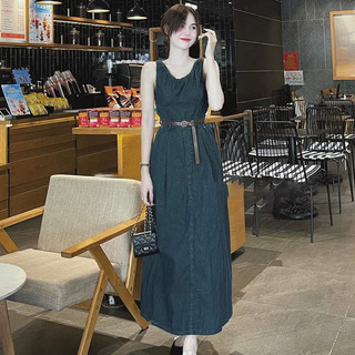 Đầm Jean cổ v nhún chun lưng kèm nịt