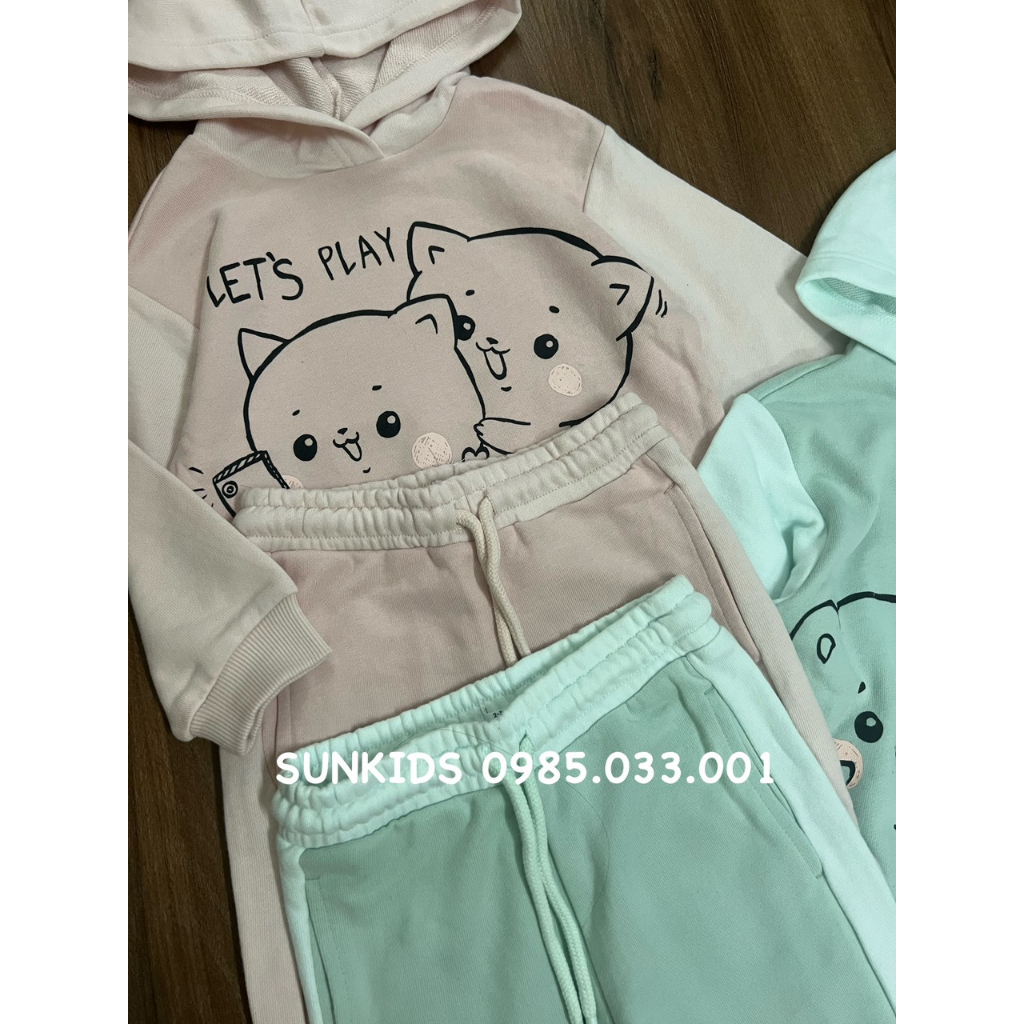 Bộ thu đông bé gái nỉ hoodie phối màu hình gấu cún