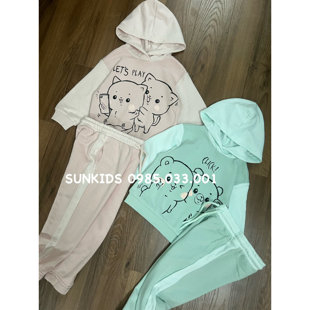 Bộ thu đông bé gái nỉ hoodie phối màu hình gấu cún