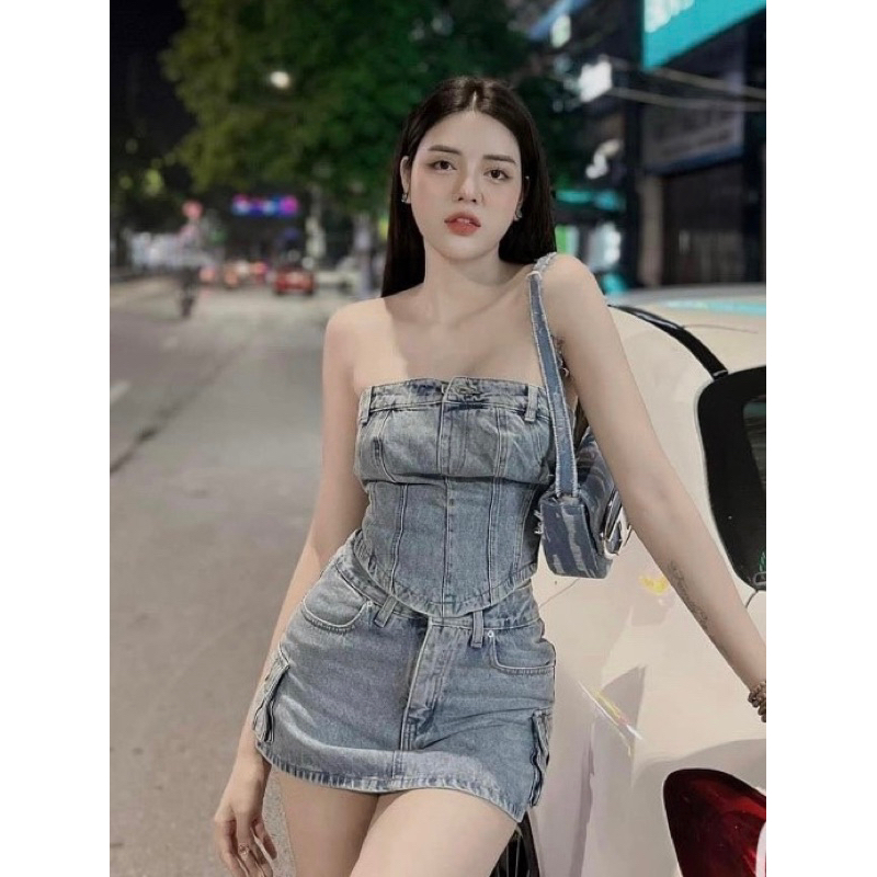 SET JEANS ÁO ỐNG VẠT NHỌN CÚP NGỰC PHỐI CHÂN VÁY A
