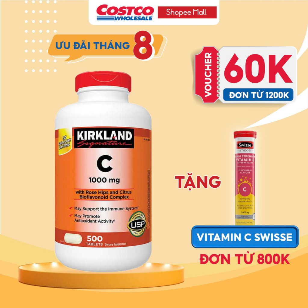 Viên uống bổ sung vitamin C1000mg Kirkland Signature của Mỹ Hộp 50 viên giúp làm sáng da, tăng sức đề kháng
