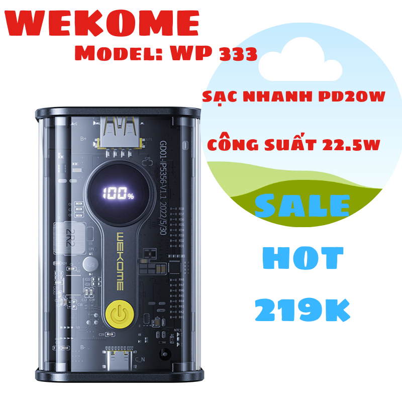 Sạc dự phòng wekome 333/10000mah, wekome 337/20000mah, dung lượng cao,công suất 22.5w, sạc nhanh PD20W[ bảo hành 12 thán