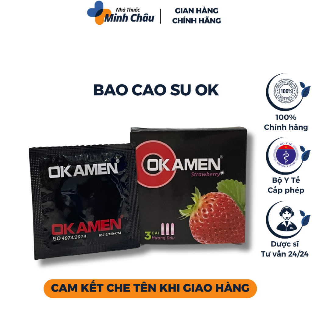 Bao Cao Su Ok Amen Vị Dâu, Siêu Mỏng, Kéo Dài Thời Gian, Nhiều Gel Bôi Trơn - Hộp 3 Cái
