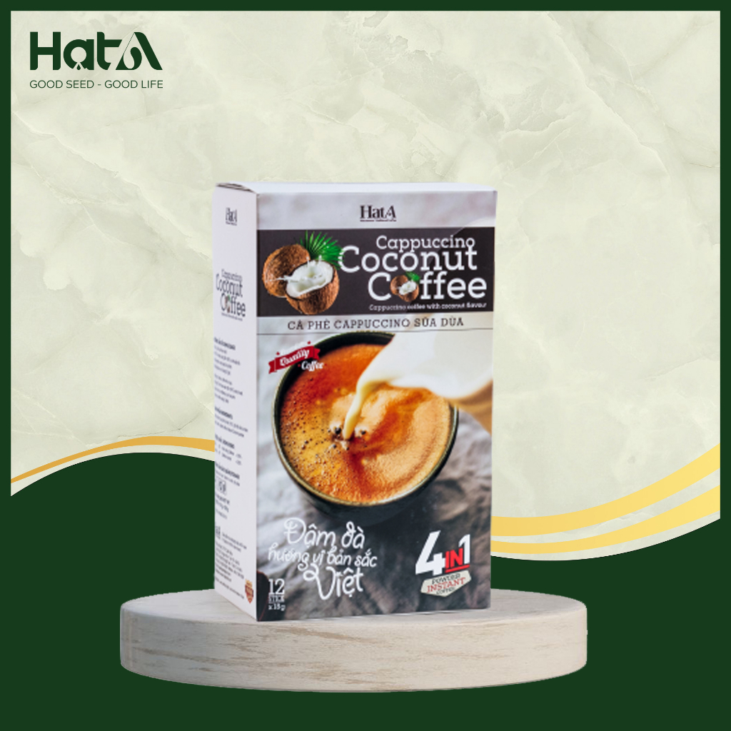 Cà phê hòa tan Cappuccino Hạt A Cafe 4in1 vị sữa dừa tự nhiên 216gr/12 gói