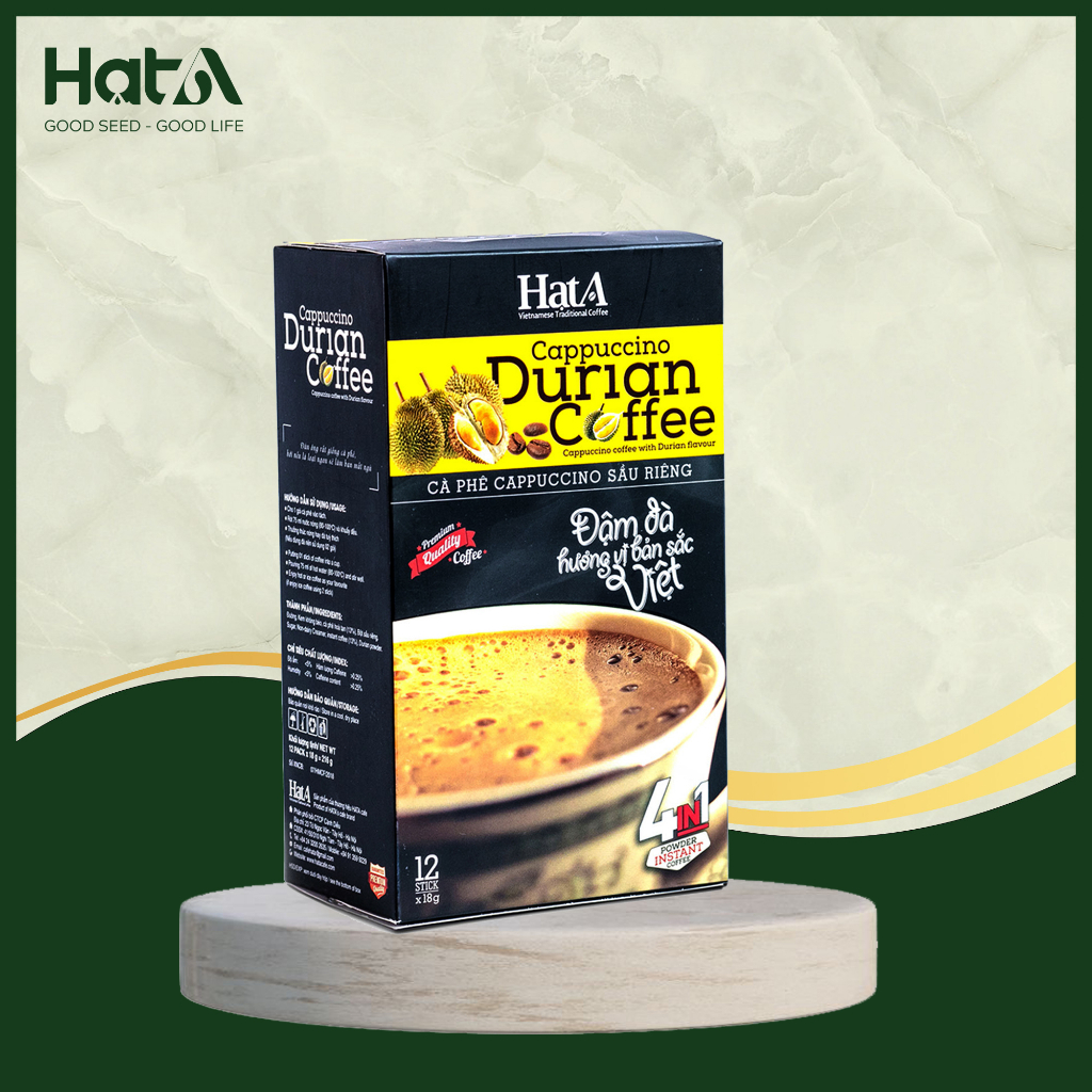 Cà phê hòa tan Cappuccino sầu riêng tự nhiên 4n1 Hạt A Cafe 216gr/12 gói - Freeshipxtra